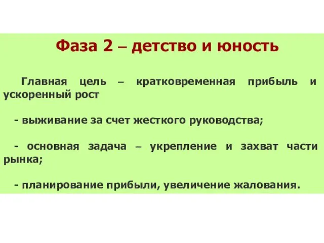 Фаза 2 – детство и юность Главная цель – кратковременная прибыль