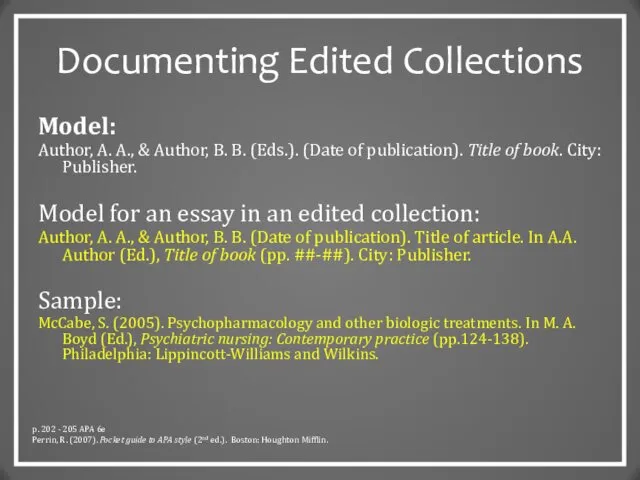 Documenting Edited Collections Model: Author, A. A., & Author, B. B.