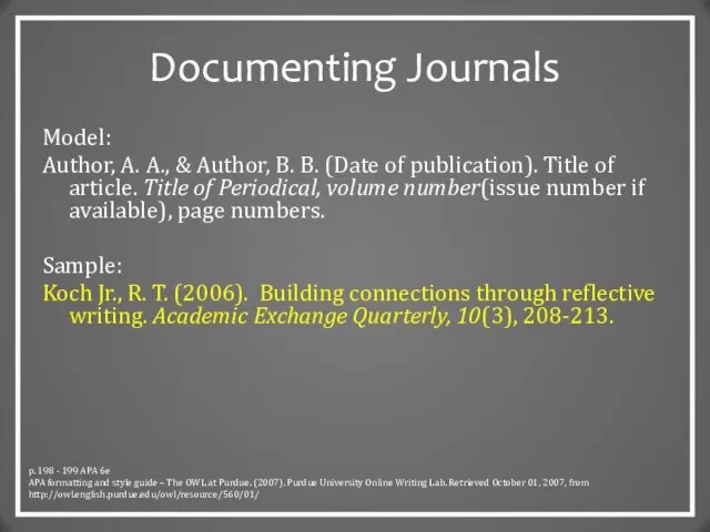 Documenting Journals Model: Author, A. A., & Author, B. B. (Date