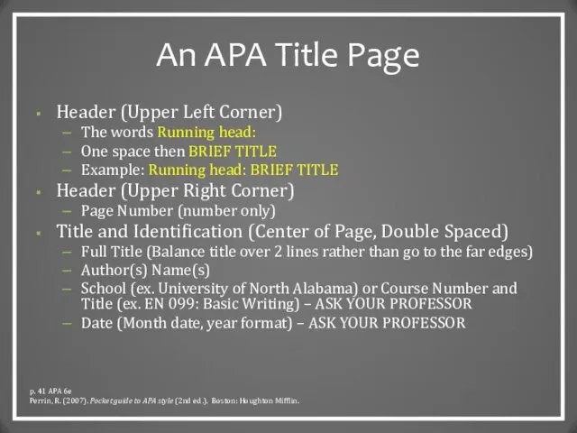 An APA Title Page Header (Upper Left Corner) The words Running