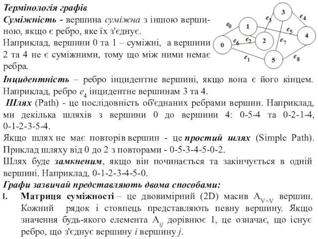 Термінологія графів Суміжність - вершина суміжна з іншою верши-ною, якщо є