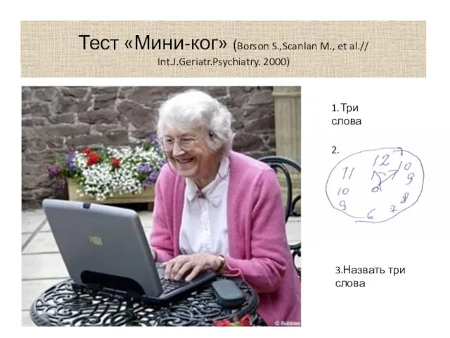 Тест «Мини-ког» (Borson S.,Scanlan M., et al.// Int.J.Geriatr.Psychiatry. 2000) Повторить за