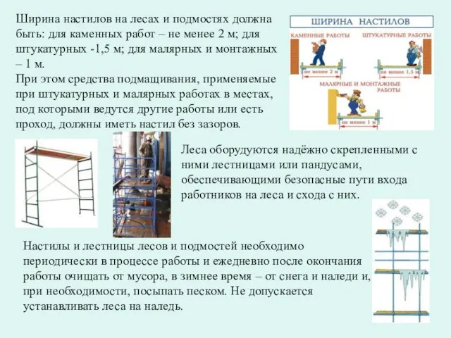 Ширина настилов на лесах и подмостях должна быть: для каменных работ