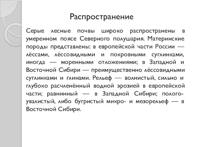 Серые лесные почвы широко распространены в умеренном поясе Северного полушария. Материнские