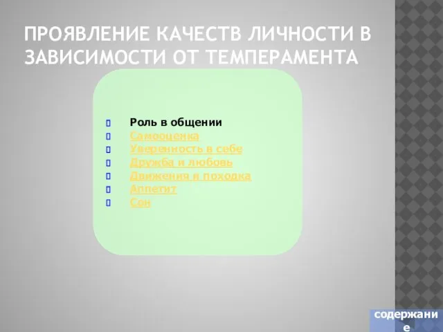 ПРОЯВЛЕНИЕ КАЧЕСТВ ЛИЧНОСТИ В ЗАВИСИМОСТИ ОТ ТЕМПЕРАМЕНТА Роль в общении Самооценка