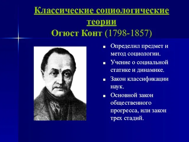 Классические социологические теории Огюст Конт (1798-1857) Определил предмет и метод социологии.