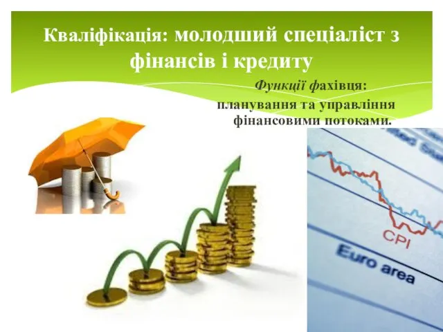 Кваліфікація: молодший спеціаліст з фінансів і кредиту Функції фахівця: планування та управління фінансовими потоками.