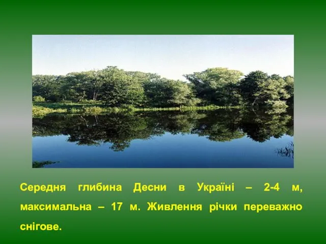 Середня глибина Десни в Україні – 2-4 м, максимальна – 17 м. Живлення річки переважно снігове.