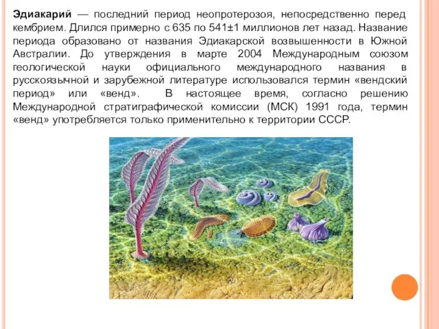 Эдиакарий — последний период неопротерозоя, непосредственно перед кембрием. Длился примерно с