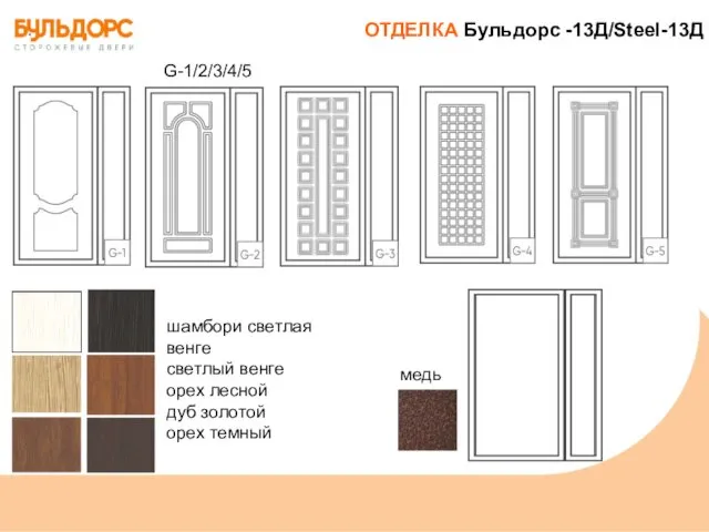 ОТДЕЛКА Бульдорс -13Д/Steel-13Д G-1/2/3/4/5 медь шамбори светлая венге светлый венге орех лесной дуб золотой орех темный