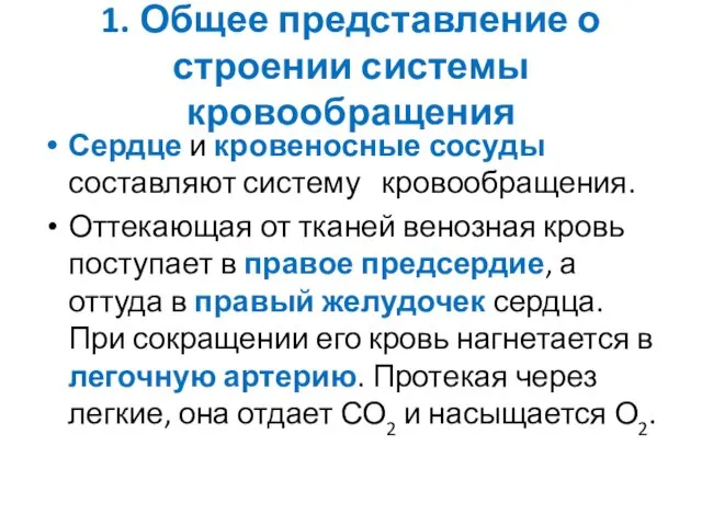 1. Общее представление о строении системы кровообращения Сердце и кровеносные сосуды