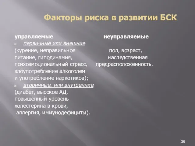 Факторы риска в развитии БСК управляемые неуправляемые первичные или внешние (курение,