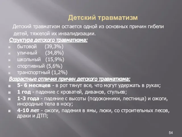 Детский травматизм Детский травматизм остается одной из основных причин гибели детей,