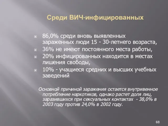 Среди ВИЧ-инфицированных 86,0% среди вновь выявленных зараженных люди 15 - 30-летнего