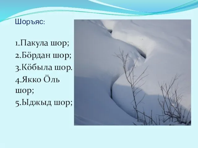 Шоръяс: 1.Пакула шор; 2.Бöрдан шор; 3.Кöбыла шор. 4.Якко Öль шор; 5.Ыджыд шор;