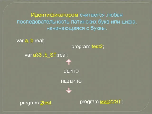 program test2; var a, b:real; var a33 ,b_ST:real; ВЕРНО НЕВЕРНО Идентификатором