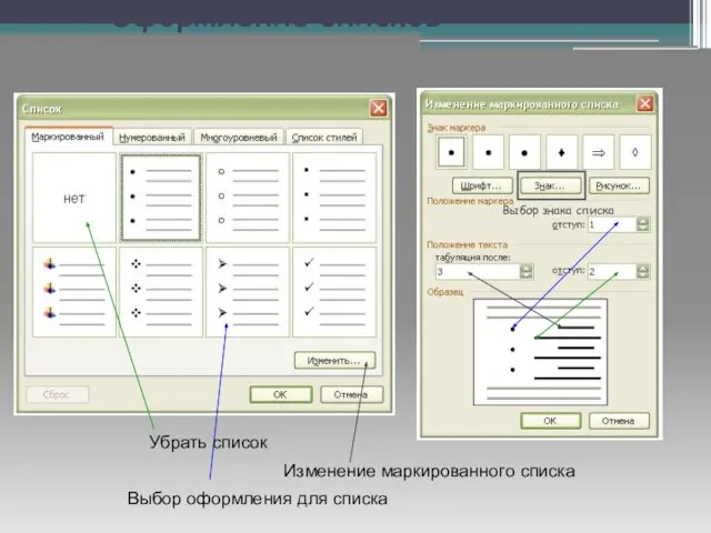 Оформление списков Убрать список Выбор оформления для списка Изменение маркированного списка Выбор знака списка