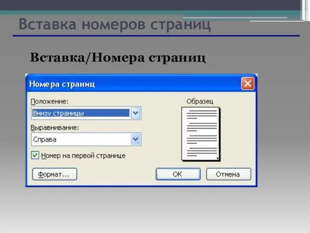 Вставка номеров страниц Вставка/Номера страниц