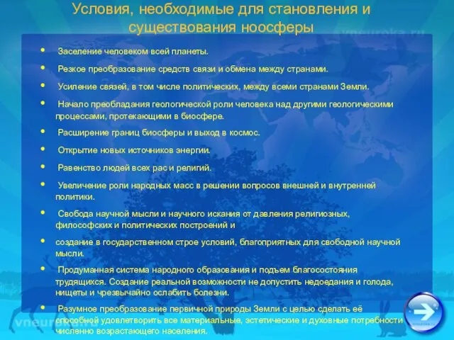 Условия, необходимые для становления и существования ноосферы Заселение человеком всей планеты.