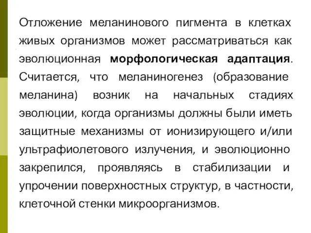 Отложение меланинового пигмента в клетках живых организмов может рассматриваться как эволюционная