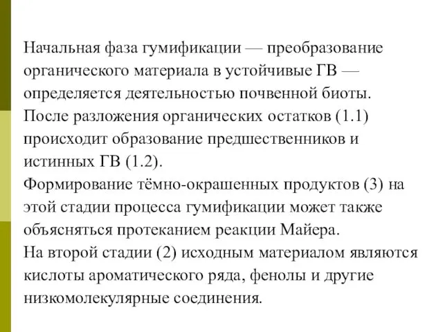 Начальная фаза гумификации — преобразование органического материала в устойчивые ГВ —