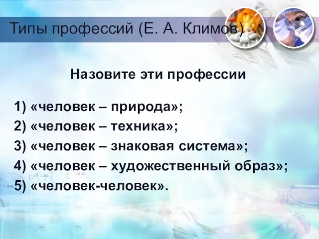 Типы профессий (Е. А. Климов) Назовите эти профессии 1) «человек –