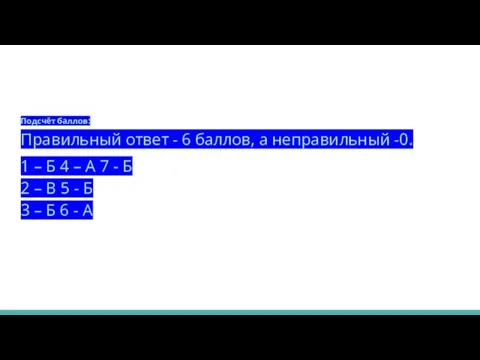 Подсчёт баллов: Правильный ответ - 6 баллов, а неправильный -0. 1