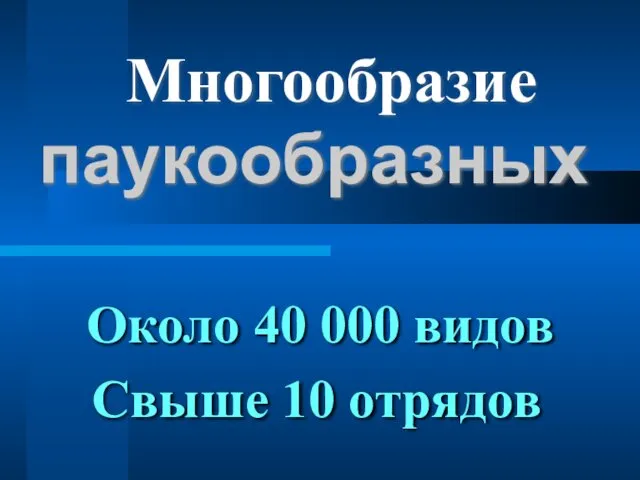 паукообразных Многообразие Около 40 000 видов Свыше 10 отрядов