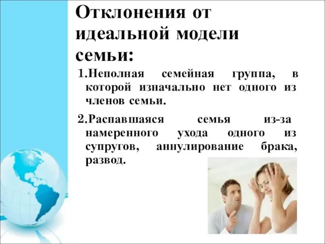 Отклонения от идеальной модели семьи: 1.Неполная семейная группа, в которой изначально