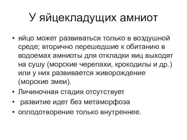 У яйцекладущих амниот яйцо может развиваться только в воздушной среде; вторично