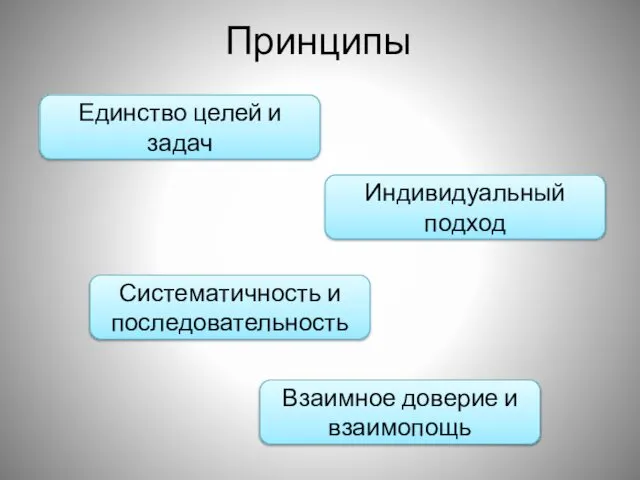 Принципы Единство целей и задач Индивидуальный подход Систематичность и последовательность Взаимное доверие и взаимопощь