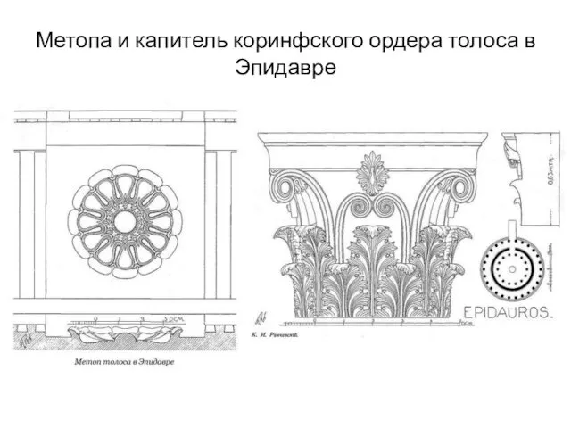 Метопа и капитель коринфского ордера толоса в Эпидавре