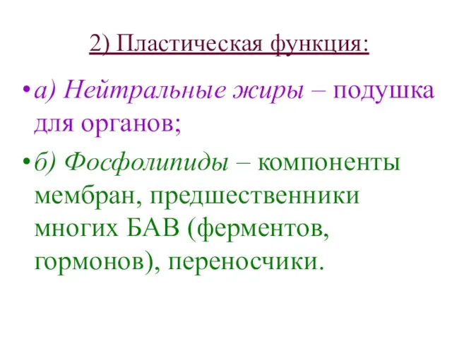 2) Пластическая функция: а) Нейтральные жиры – подушка для органов; б)