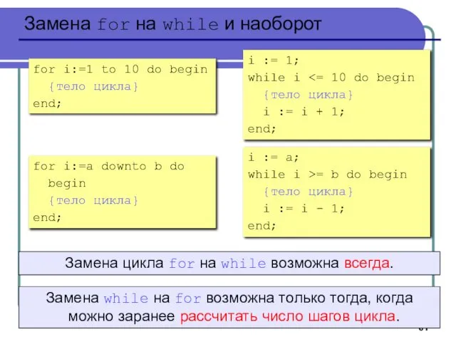 Замена for на while и наоборот for i:=1 to 10 do