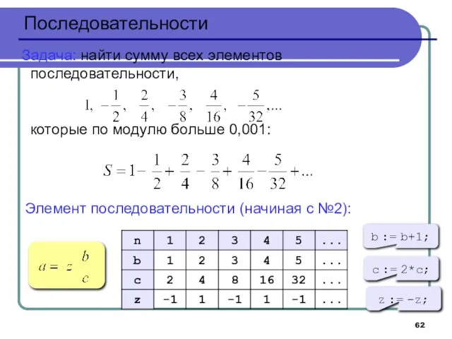 Последовательности Задача: найти сумму всех элементов последовательности, которые по модулю больше