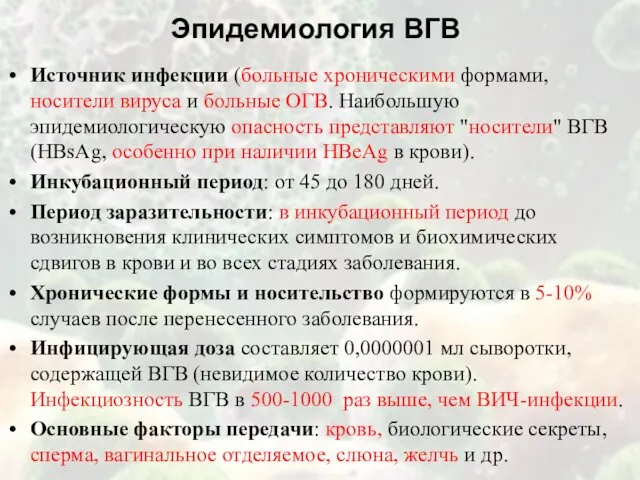 Эпидемиология ВГВ Источник инфекции (больные хроническими формами, носители вируса и больные