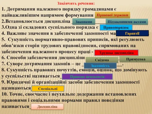 Закінчить речення: 1. Дотримання належного порядку громадянами є найважливішим напрямом формування