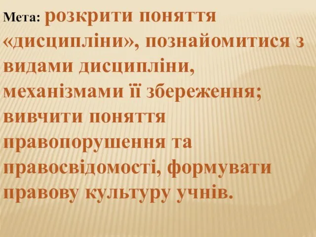 Мета: розкрити поняття «дисципліни», познайомитися з вида­ми дисципліни, механізмами її збереження;