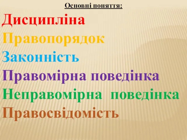 Основні поняття: Дисципліна Правопорядок Законність Пра­вомірна поведінка Неправомірна поведінка Правосвідомість