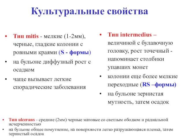 Культуральные свойства Тип mitis - мелкие (1-2мм), черные, гладкие колонии с