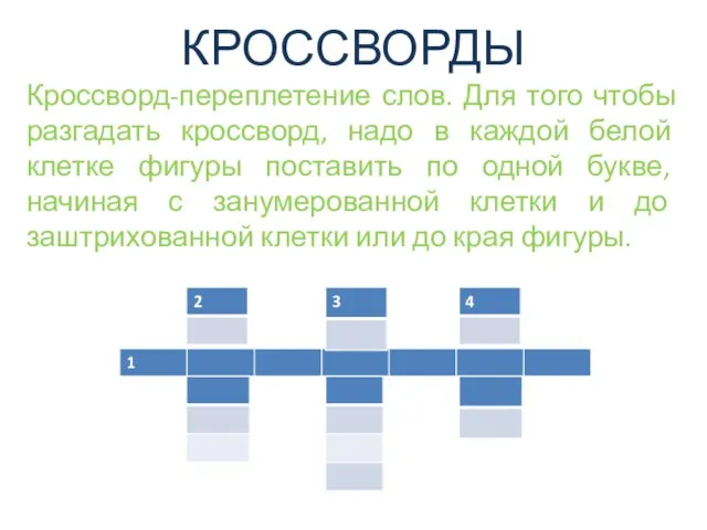 КРОССВОРДЫ Кроссворд-переплетение слов. Для того чтобы разгадать кроссворд, надо в каждой