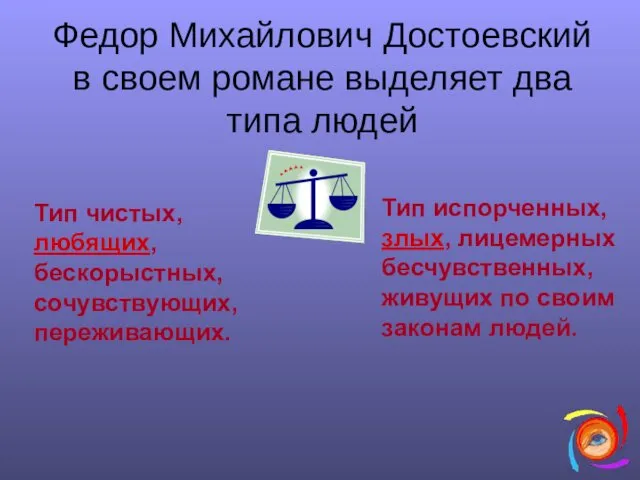 Федор Михайлович Достоевский в своем романе выделяет два типа людей Тип