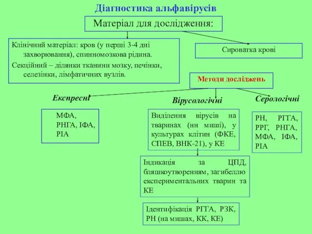 Діагностика альфавірусів Матеріал для дослідження: Клінічний матеріал: кров (у перші 3-4