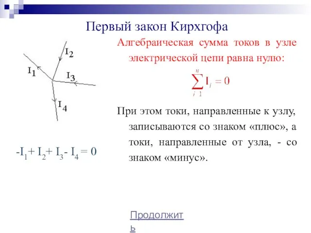 Первый закон Кирхгофа Алгебраическая сумма токов в узле электрической цепи равна