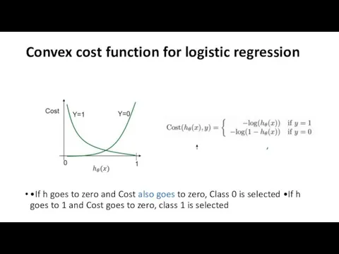 Convex cost function for logistic regression •If h goes to zero