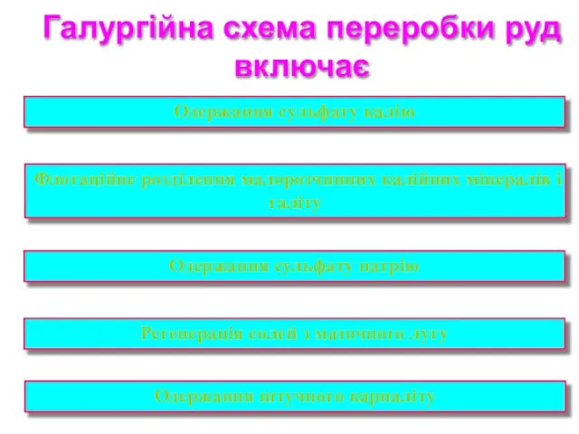 Галургійна схема переробки руд включає Одержання сульфату калію Флотаційне розділення малорозчинних