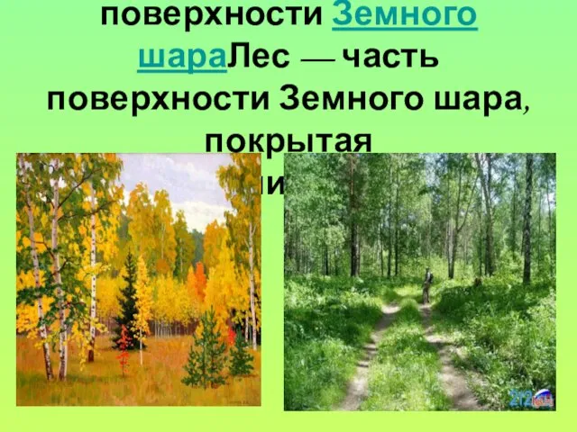 Лес — часть поверхности Земного шараЛес — часть поверхности Земного шара, покрытая древесными растениями.