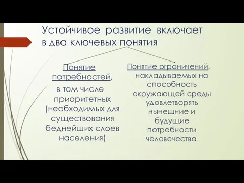 Устойчивое развитие включает в два ключевых понятия Понятие потребностей, в том