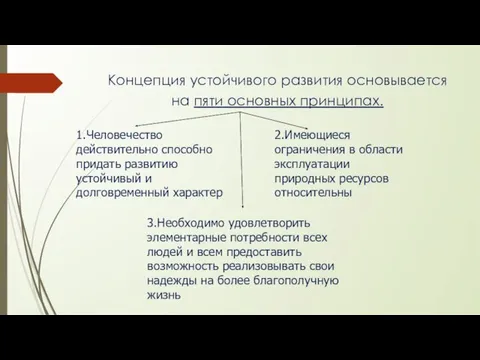 Концепция устойчивого развития основывается на пяти основных принципах. 1.Человечество действительно способно