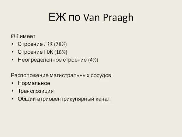 ЕЖ по Van Praagh EЖ имеет Строение ЛЖ (78%) Строение ПЖ